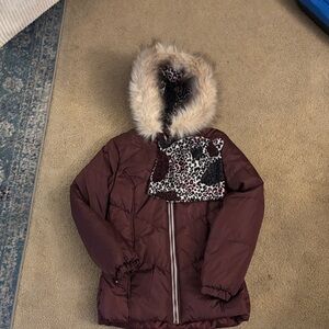 Macy's Maroon Puffer Jacket with Faux Fur Hood